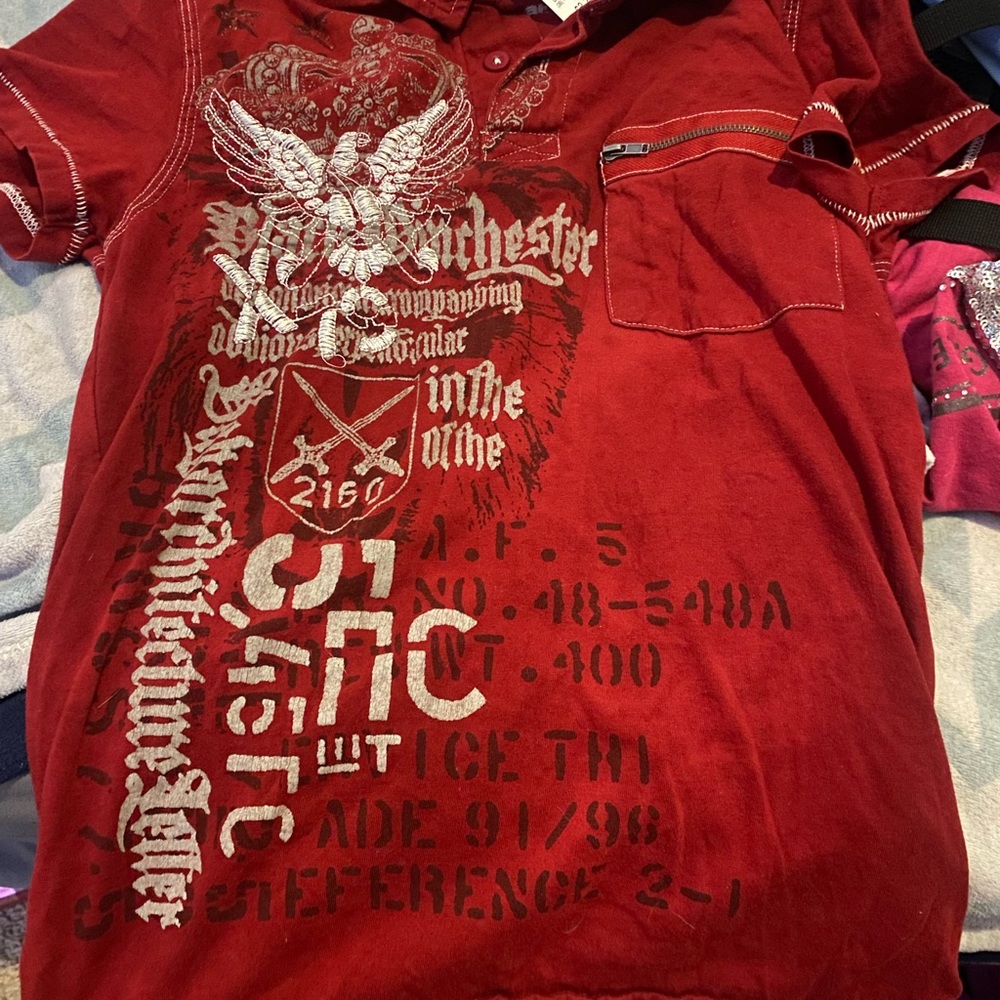 Lip roar red and embroidered white shirt button up collar